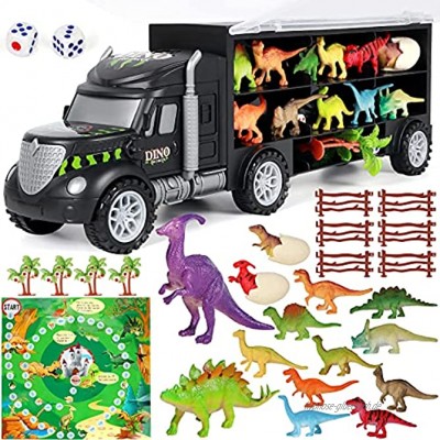 Vamei 28PCs Dinosaurier Transporter Truck LKW Dinosaurier Spielzeug Mini Dinosaurier Figuren Eier Spielmatte Bäume Zäune Spielzeugautos Dinosaurier Spiel Dinosaurier Geschenke für Jungen Mädchen