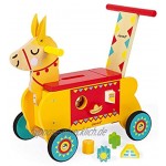 Janod J08004 Lama-Reittier aus Holz für Kinder leise Räder Staufach und 6 Klötze Gleichgewicht lernen für Kinder ab 1 Jahr gelb und rot