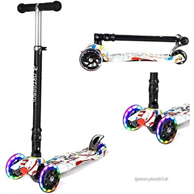 arteesol Children's Scooter Children's Scooter for Girls and Boys from 3 Years Foldable Children's Scooter 4 Wheels with LED Flash Wheels Height-Adjustable Tricycle Scooter Graffiti