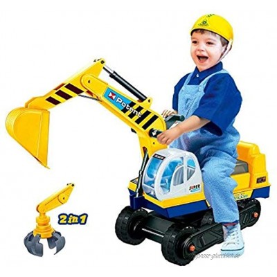 Dominiti e.K. Sitzbagger mit Zwei Schaufeln in gelb + Helm Greifarm + Schaufel Kinder-Fahrzeug Rutscher Bagger