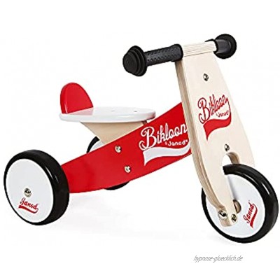 Janod J03261 Holz-Laufrad „Little Bikloon“ 3 Räder Gleichgewicht und Eigenständigkeit lernen für Kinder ab 1 Jahr rot und weiß